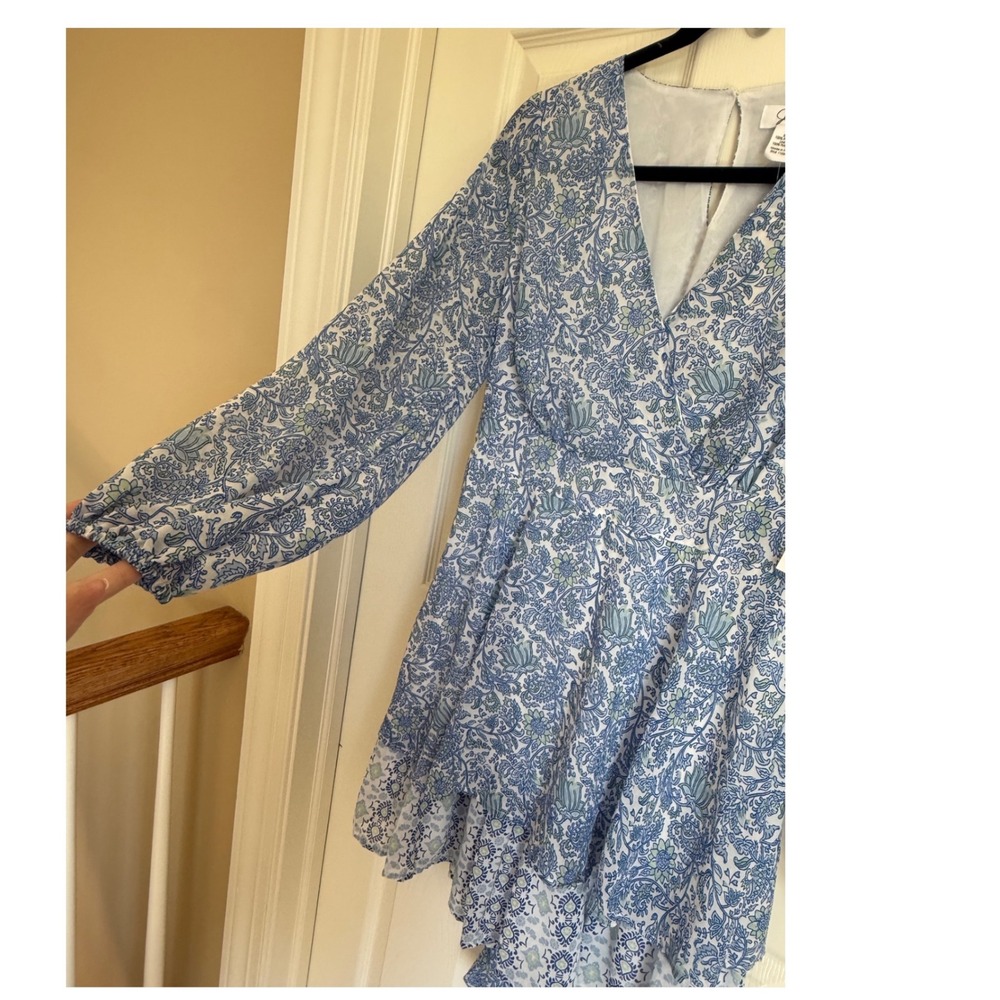 Japna Blue Floral V-Neck Ruffle Mini Dress Long Balloon Sleeve NWT‎ Medium - Picture 3 of 7